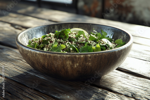 Fresh salad with greens and quinoa served in a rustic bowl on a wooden table