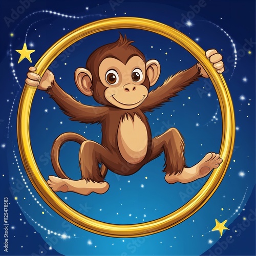 Cartoon Monkey Performing Tricks on Golden Ring Against Starry Blue Background photo