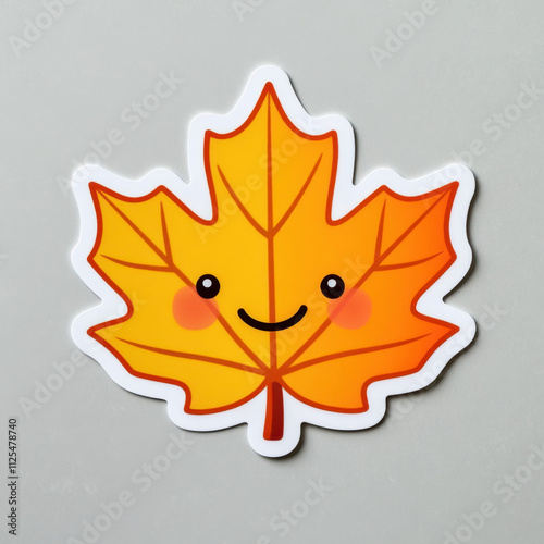 Adorable cartoon maple leaf sticker with a cheerful smile and cute rosy cheeks on a light gray background. photo