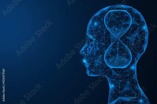 Biological age, an hourglass in a person's head. Polygonal design of interconnected elements. Blue background.
