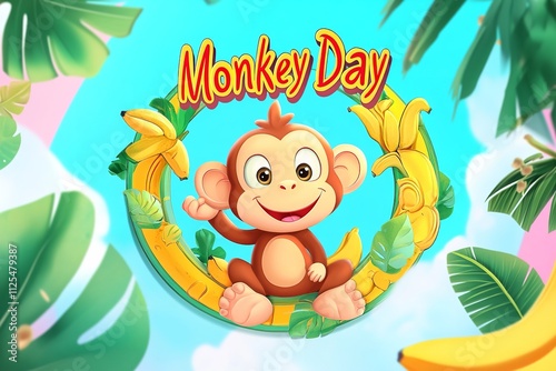 Cartoon Monkey in Tropical Frame with Bananas and 'Monkey Day' Lettering photo