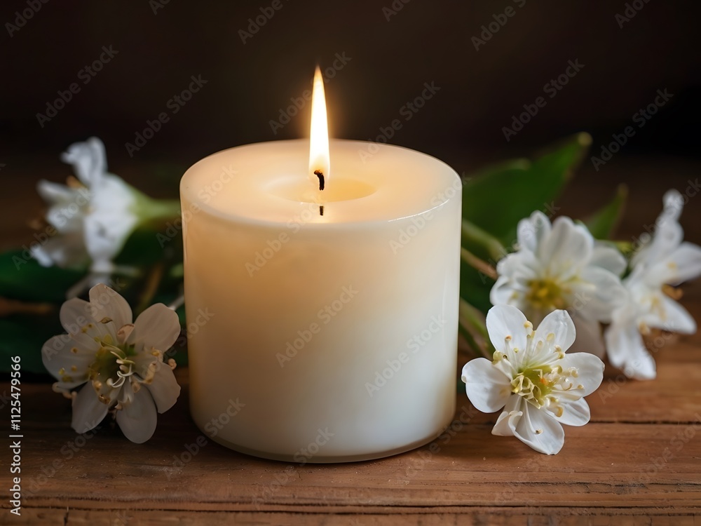 Lit Candle with White Flowers on Wooden Surface Lit Candle with White Flowers on Wooden Surface