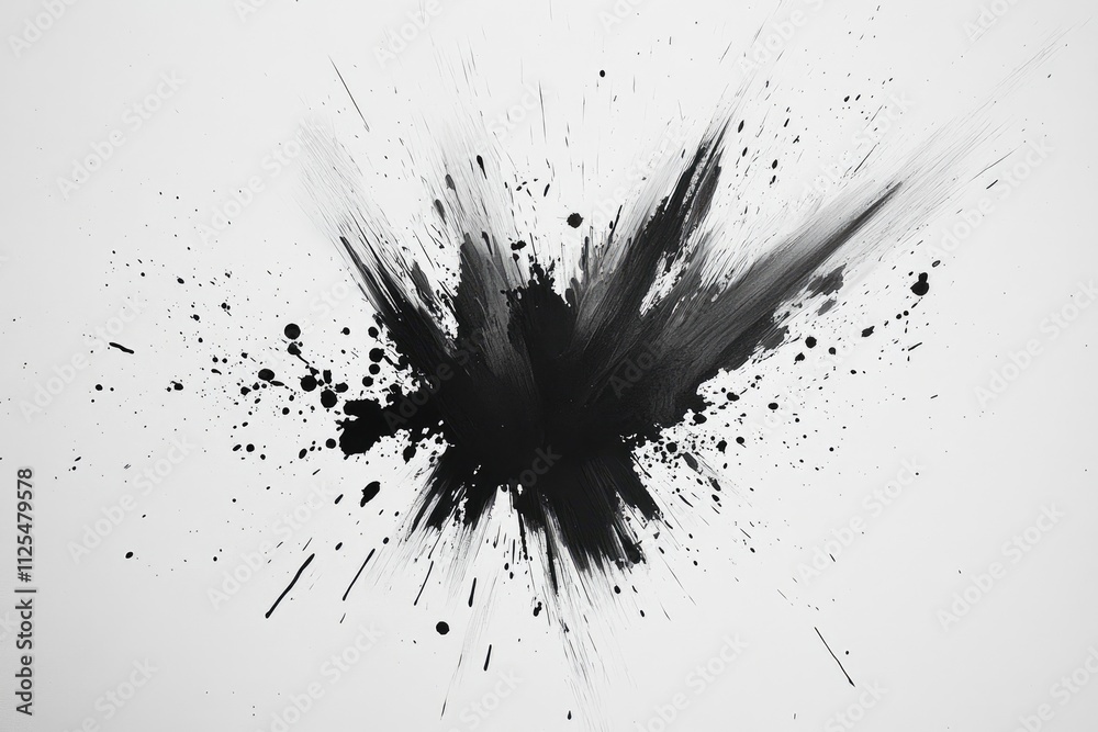 Abstract Black Ink Explosion on White Background: Dynamic Splashes and Streaks Abstract Black Ink Explosion on White Background: Dynamic Splashes and Streaks