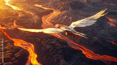 A unique AI-generated design of a fantasy dragon soaring over a volcanic landscape with molten rivers. photo