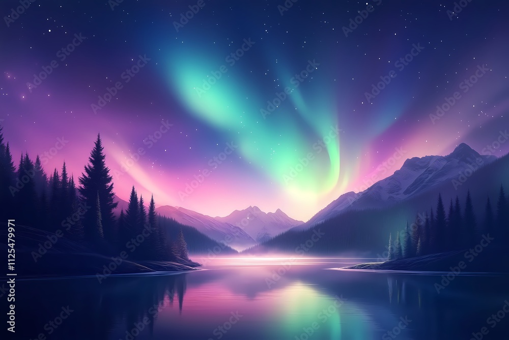 Beautiful art poster with a view of the night sky and northern lights over the forest and lake, concept of nature and night tranquility Beautiful art poster with a view of the night sky and northern lights over the forest and lake, concept of nature and night tranquility