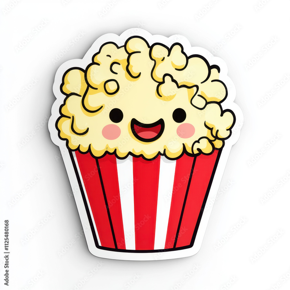Cute cartoon popcorn with a smiling face in a red and white striped container on a white background. Cute cartoon popcorn with a smiling face in a red and white striped container on a white background.
