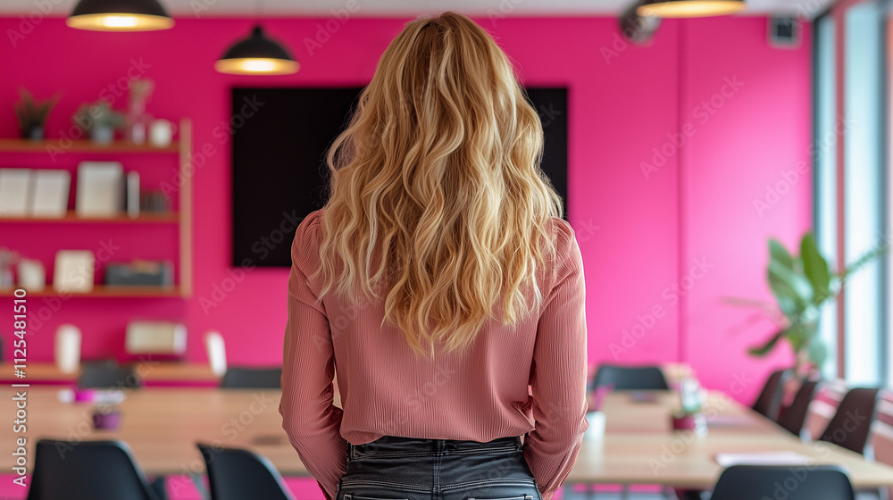 A woman stands with her back to the camera, exuding attitude and leadership as she awaits her team for a meeting in the office, set against a pink background
