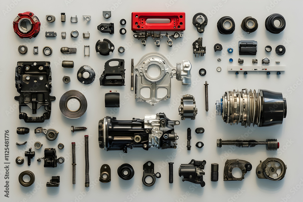 Set of various car parts systematically arranged, offering a comprehensive view of automotive components Set of various car parts systematically arranged, offering a comprehensive view of automotive components