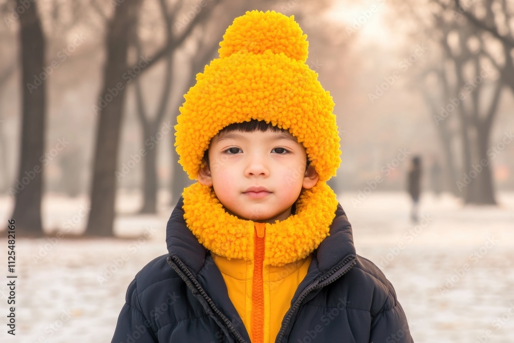 Asian male child in yellow winter hat and scarf in snowy park Asian male child in yellow winter hat and scarf in snowy park