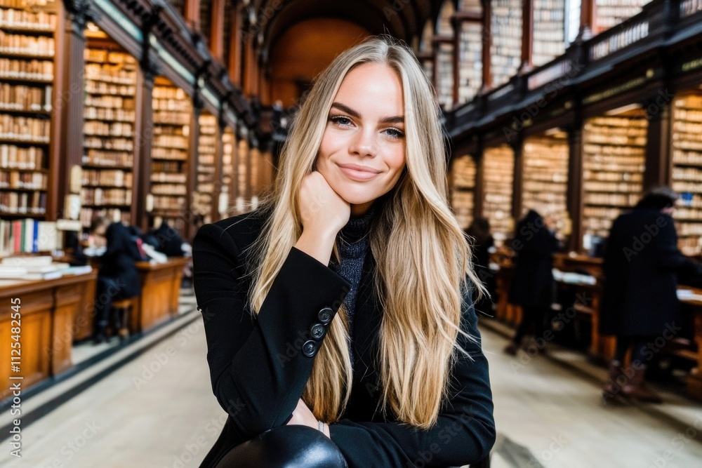 Young caucasian female in library with long blonde hair smiling Young caucasian female in library with long blonde hair smiling