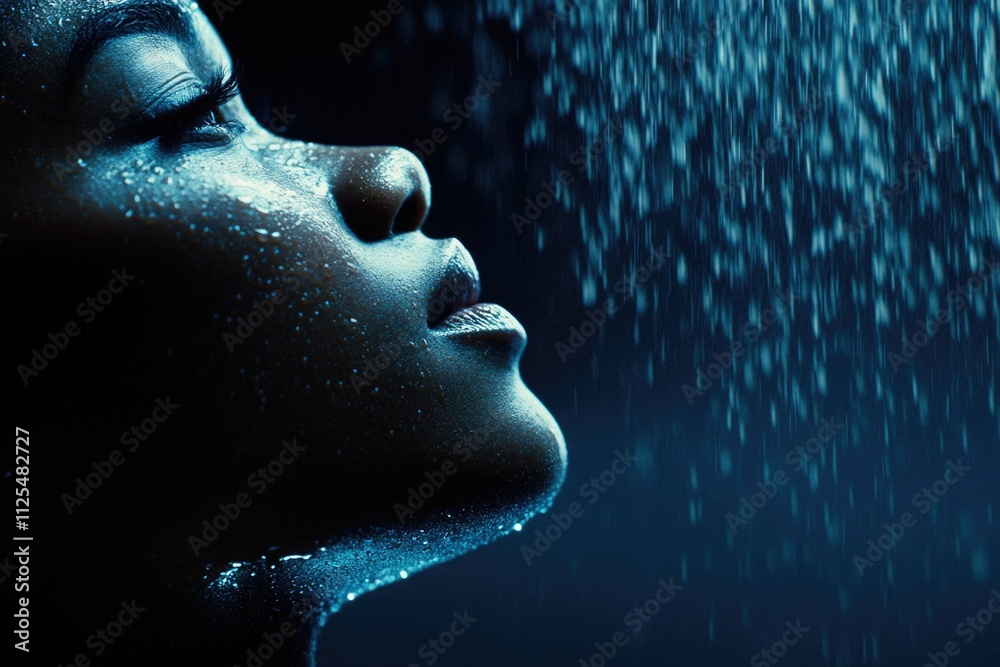 Fototapeta premium Side profile of an african female adult with water droplets in blue light