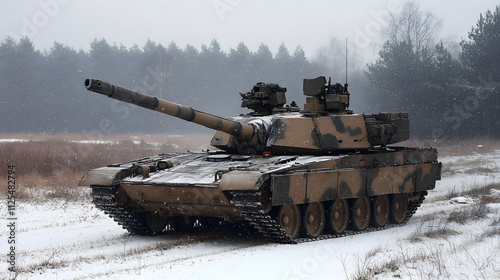 A U.S. Army base in Poland conducting winter maneuvers with tanks in snowy fields.