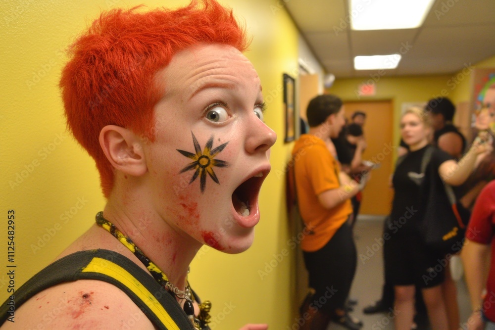 Fototapeta premium Excited young caucasian female with red hair and face paint in hallway gathering