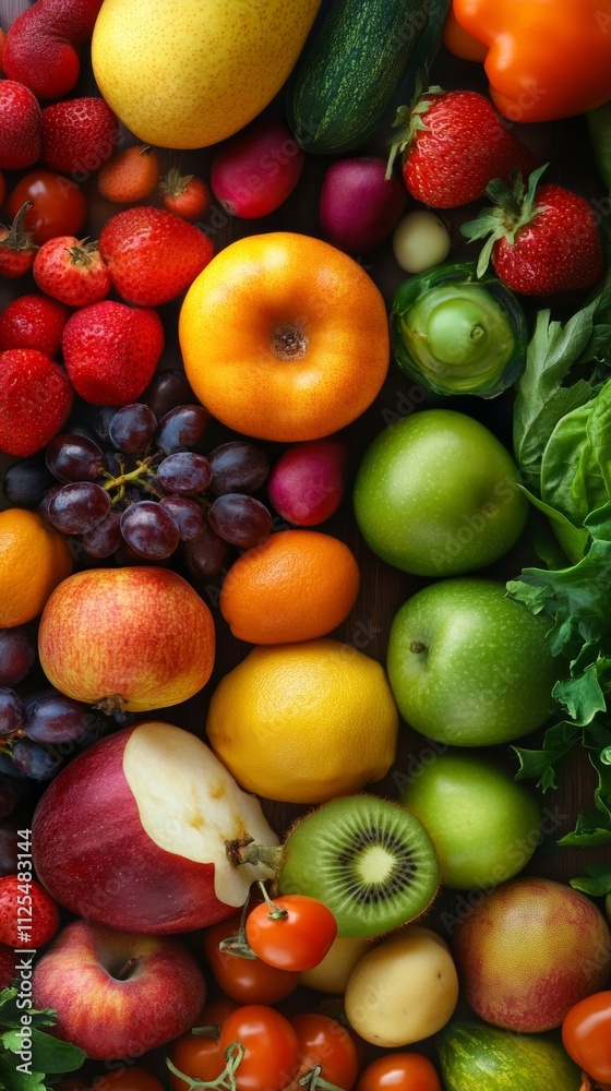 Colorful variety of fresh fruits and vegetables displayed together.