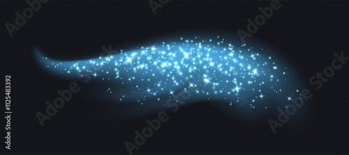 Blue magic cloud with sparkles, stardust sparkling decoration. Glowing glitter smoke trail. Vector illustration.