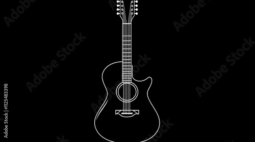 White outline of twelve string acoustic guitar on black background. photo