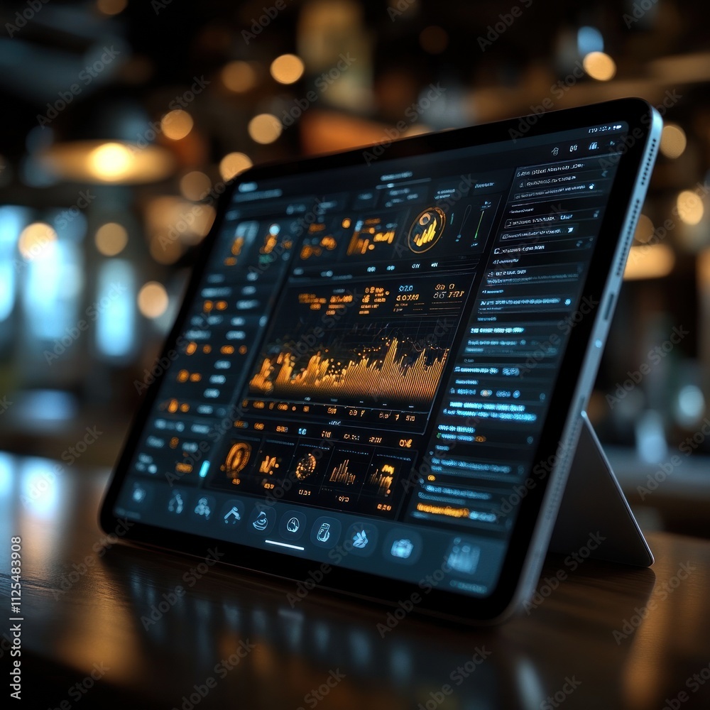 A tablet displaying data analytics in a dimly lit environment. A tablet displaying data analytics in a dimly lit environment.