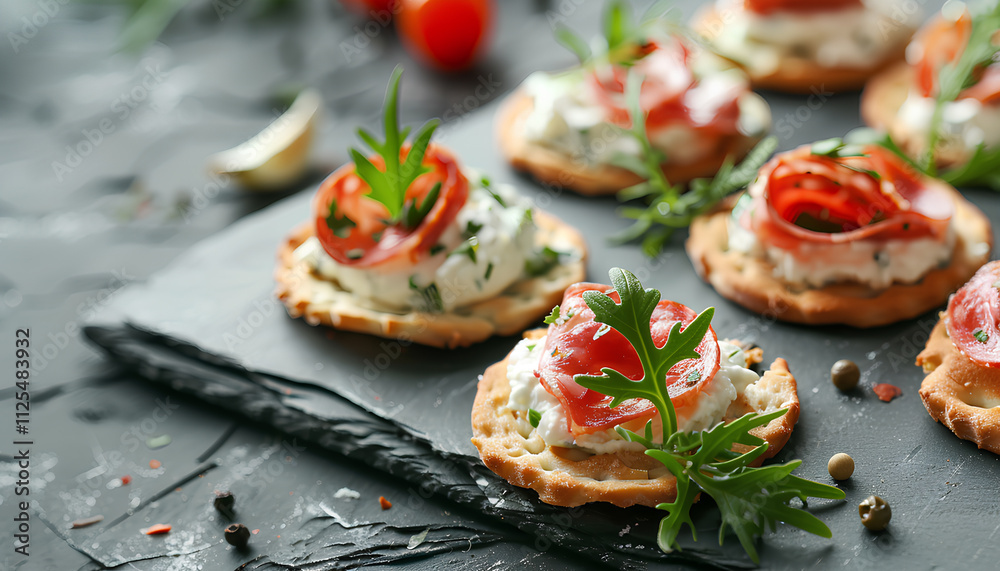 Tasty canapes with salami, greens and cream cheese on grey table, closeup. Space for text Tasty canapes with salami, greens and cream cheese on grey table, closeup. Space for text
