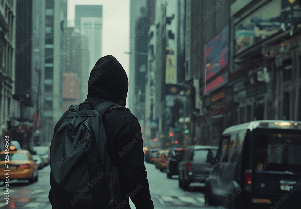 From behind, a man wearing a black jacket with hood and backpack walking in a busy city. From behind, a man wearing a black jacket with hood and backpack walking in a busy city.
