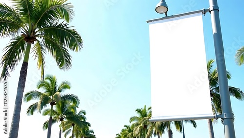 Blank vertical advertising banners on street lamp posts against lush green palm trees. A mockup