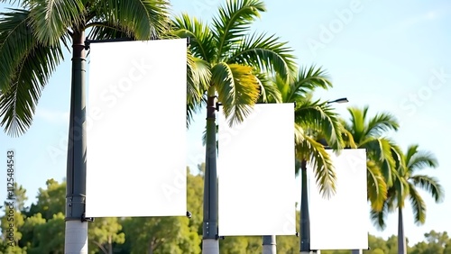 Blank vertical advertising banners on street lamp posts against lush green palm trees. A mockup