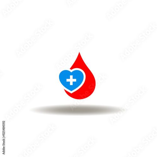 Vector illustration of blood drop and heart with medicine cross. Symbol of blood donation.