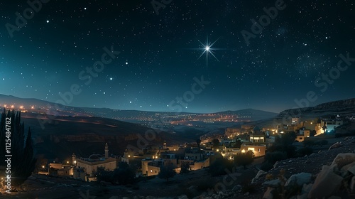 Wide-angle view of Bethlehem at night, with the Star of Bethlehem prominently visible and casting a divine light over the town photo