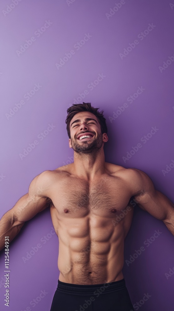 Fototapeta premium muscular shirtless man on purple background with copy space vertically 9:16
