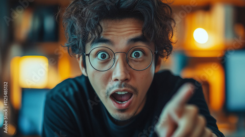  man wearing glasses, with curly hair, making a surprised expression and pointing photo