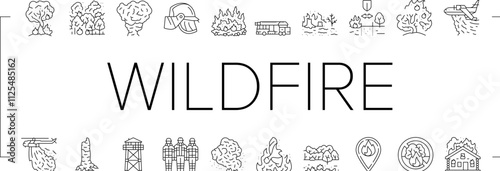 wildfire blaze firestorm burn icons set vector. inferno flames, smoke heat, evacuation forest, ember ash drought, spark wildfire blaze firestorm burn black contour illustrations