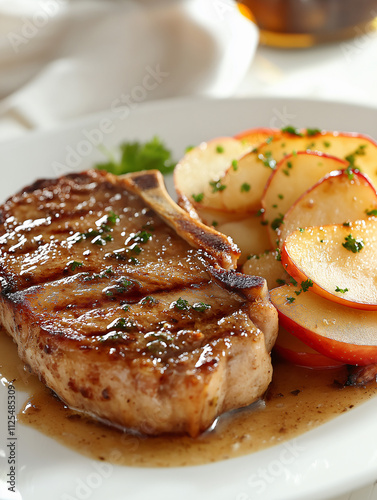 Juicy pork chops paired caramelized apple slices drenched rich cider sauce garnished fresh rosemary gourmet meal experience served rustic plate menu foodie photography campaign promotion marketing photo