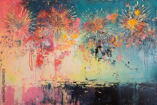 Abstract Expressionist Painting of Exploding Fireworks Over a Dark Landscape photo