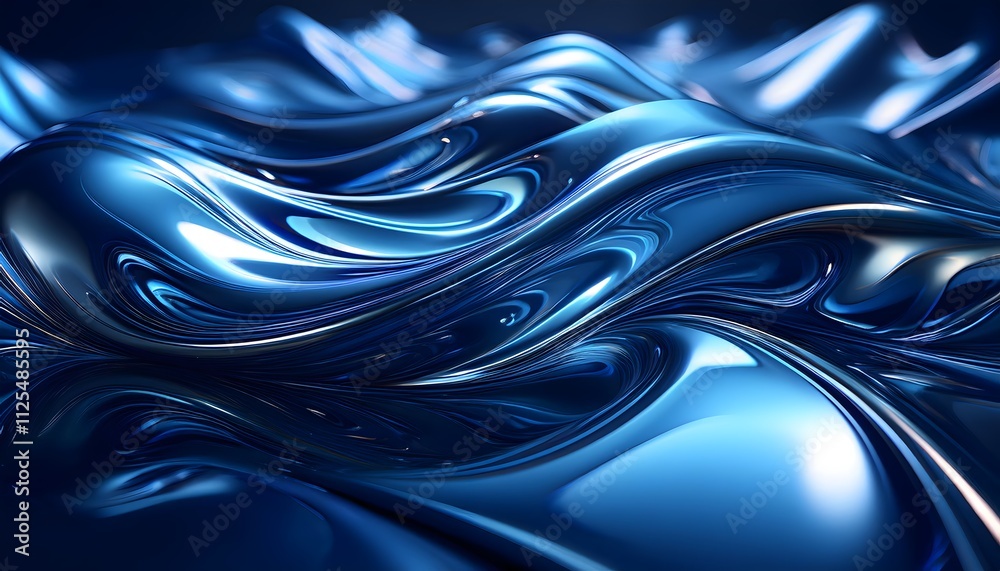 Glossy deep blue indigo color metal fluid glossy chrome mirror water effect background. Abstract blue metal flow swirl wallpaper Glossy deep blue indigo color metal fluid glossy chrome mirror water effect background. Abstract blue metal flow swirl wallpaper