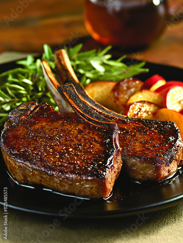 Juicy pork chops paired caramelized apple slices drenched rich cider sauce garnished fresh rosemary gourmet meal experience served rustic plate menu foodie photography campaign promotion marketing photo