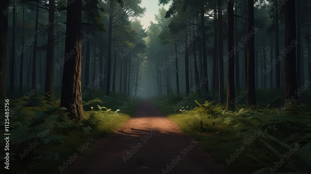 Obraz premium Misty forest path, sunlight through trees.