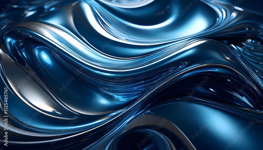 Glossy deep blue indigo color metal fluid glossy chrome mirror water effect background. Abstract blue metal flow swirl wallpaper Glossy deep blue indigo color metal fluid glossy chrome mirror water effect background. Abstract blue metal flow swirl wallpaper
