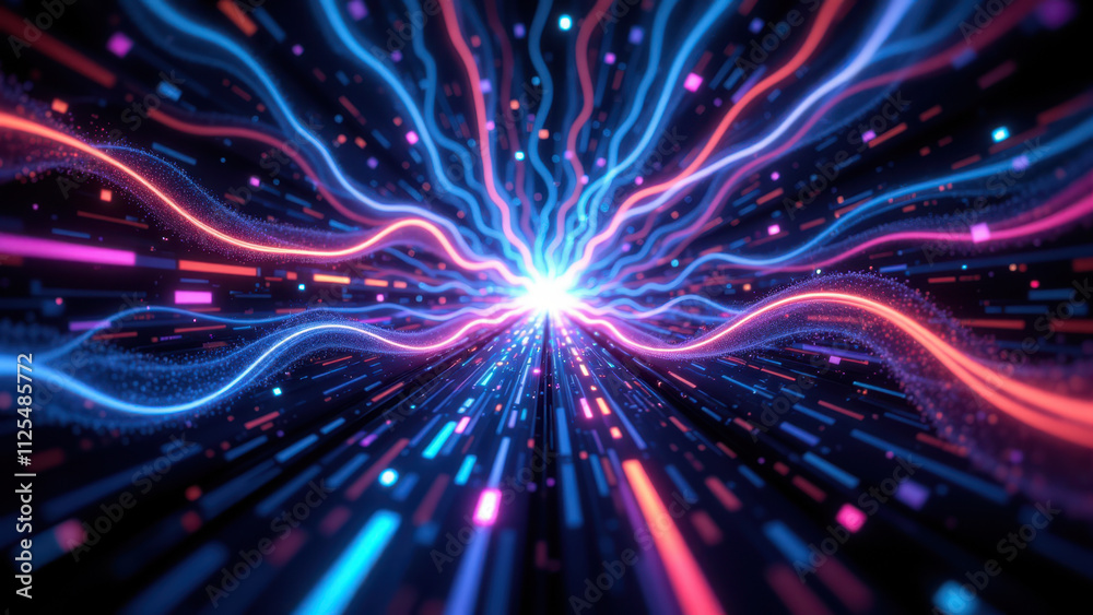 Fototapeta premium Futuristic digital tunnel with vibrant colors and glowing lines, representing a concept of Retrieval Augmented Generation (RAG).