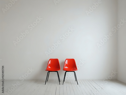 front on view of two red little chairs in white empty room. 300dpi. Empty space for text and design. photo