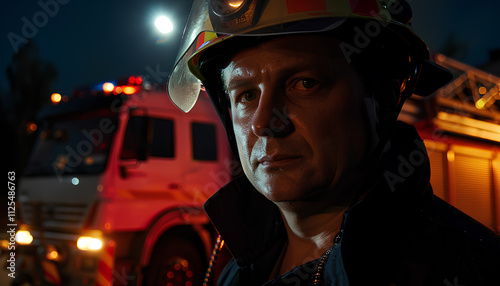 Portrait of a firefighter in uniform with a helmet near a fire truck at a station, space for text photo