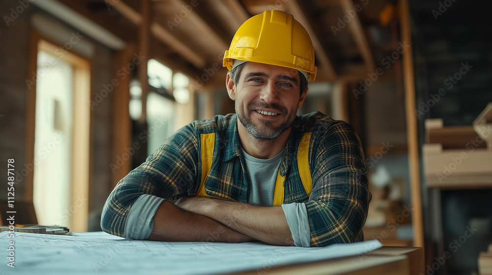 smiling man in a yellow hard hat and plaid shirt, arms crossed, seated at a table with blueprints
