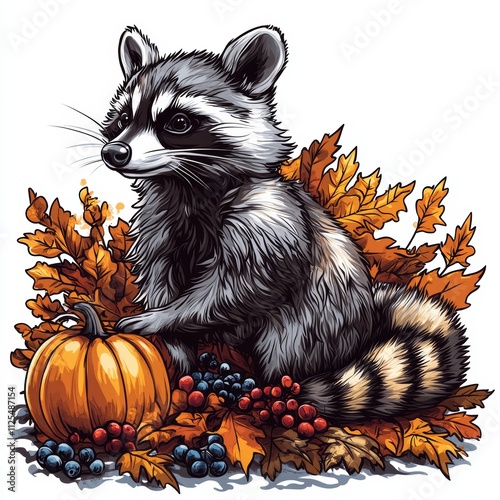 A watercolor illustration of a raccoon rummaging through a pile of leaves, rendered in an autumn palette and isolated on a white background. photo