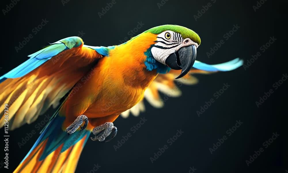 Macaw in Flight: A vibrant blue and gold macaw takes flight against a dramatic black background, its wings outstretched, its gaze intense. The image is a study in motion, color.