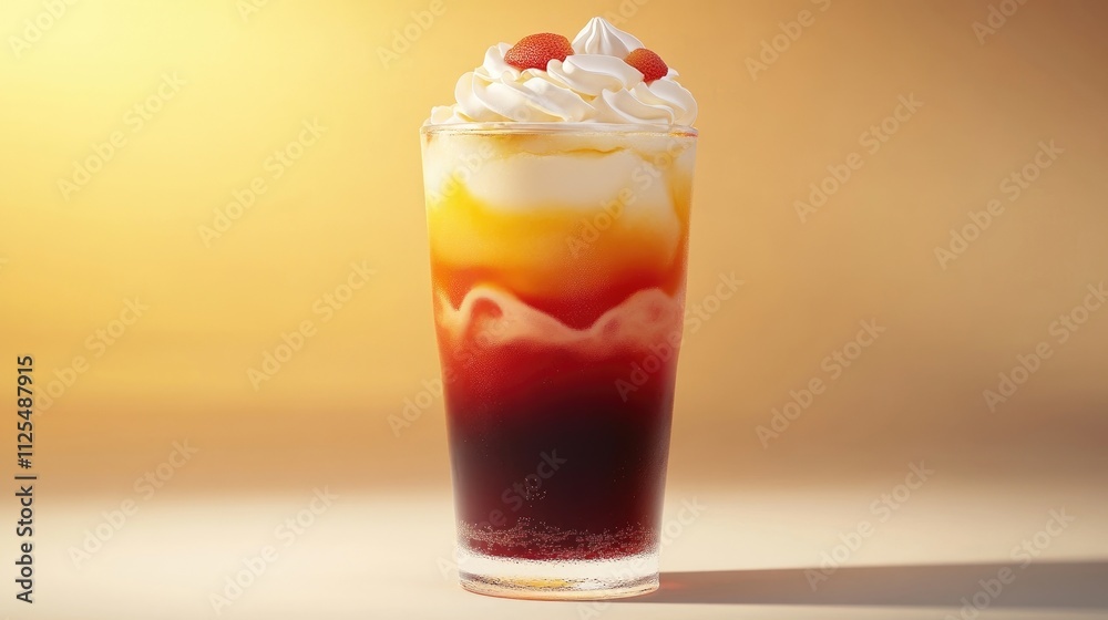 A layered drink with soda, fruit puree, and whipped cream. A layered drink with soda, fruit puree, and whipped cream.
