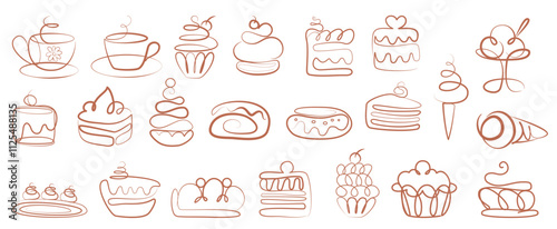 Vector set of linear bakery and dessert icons in pen line style: a cup of tea, coffee, various cakes, meringues, eclairs, pies, ice cream, mousse, cream, cupcake, donut, roll, basket, tube with cream.
