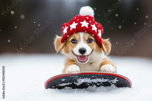 Cute smiling puppy wearing festive red hat white stars sitting snowboard snow playful seasonal charm Christmas card designs joyful winter memories family golden retriever corgi dog pet sport happy photo