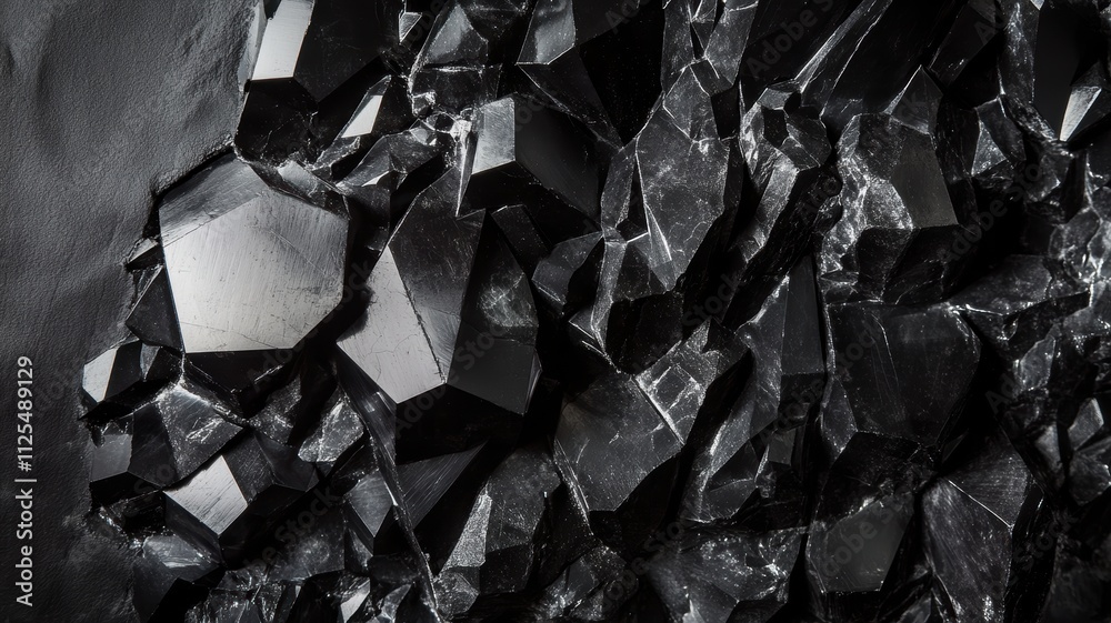 Close-up of a dark, sharp-edged black crystal cluster with high detail and contrast, highlighting the angular geometric formations. Close-up of a dark, sharp-edged black crystal cluster with high detail and contrast, highlighting the angular geometric formations.