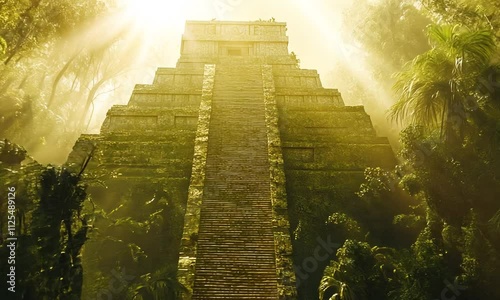 Ancient Mayan Pyramid in Jungle Mist: A majestic Mayan pyramid shrouded in mist, bathed in sunlight, stands tall amidst lush jungle foliage, evocative of ancient civilizations and forgotten mysteries.