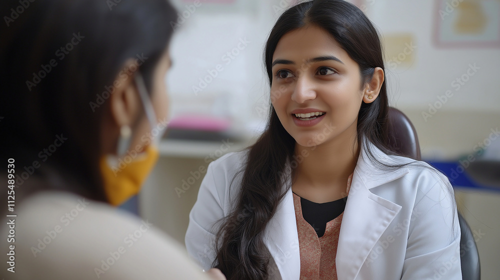 Two women are seated, likely in a doctor's office. One wears a white coat. They are talking Two women are seated, likely in a doctor's office. One wears a white coat. They are talking