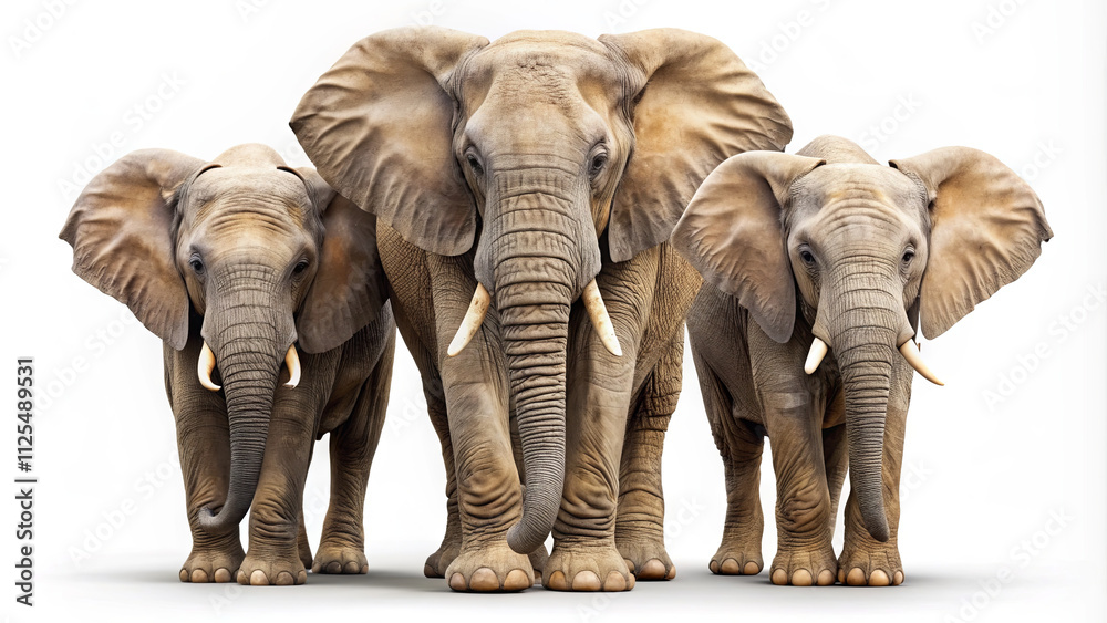 Fototapeta premium A group of three elephants stands side by side, displaying their large ears and tusks. Their strong, dominant posture highlights their majesty in a serene environment