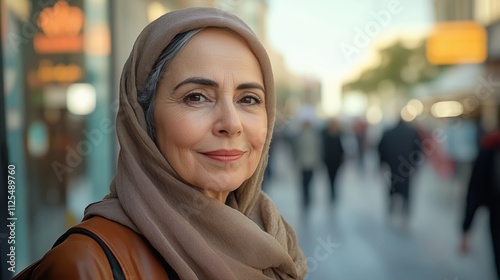 Woman wearing a scarf and a brown purse